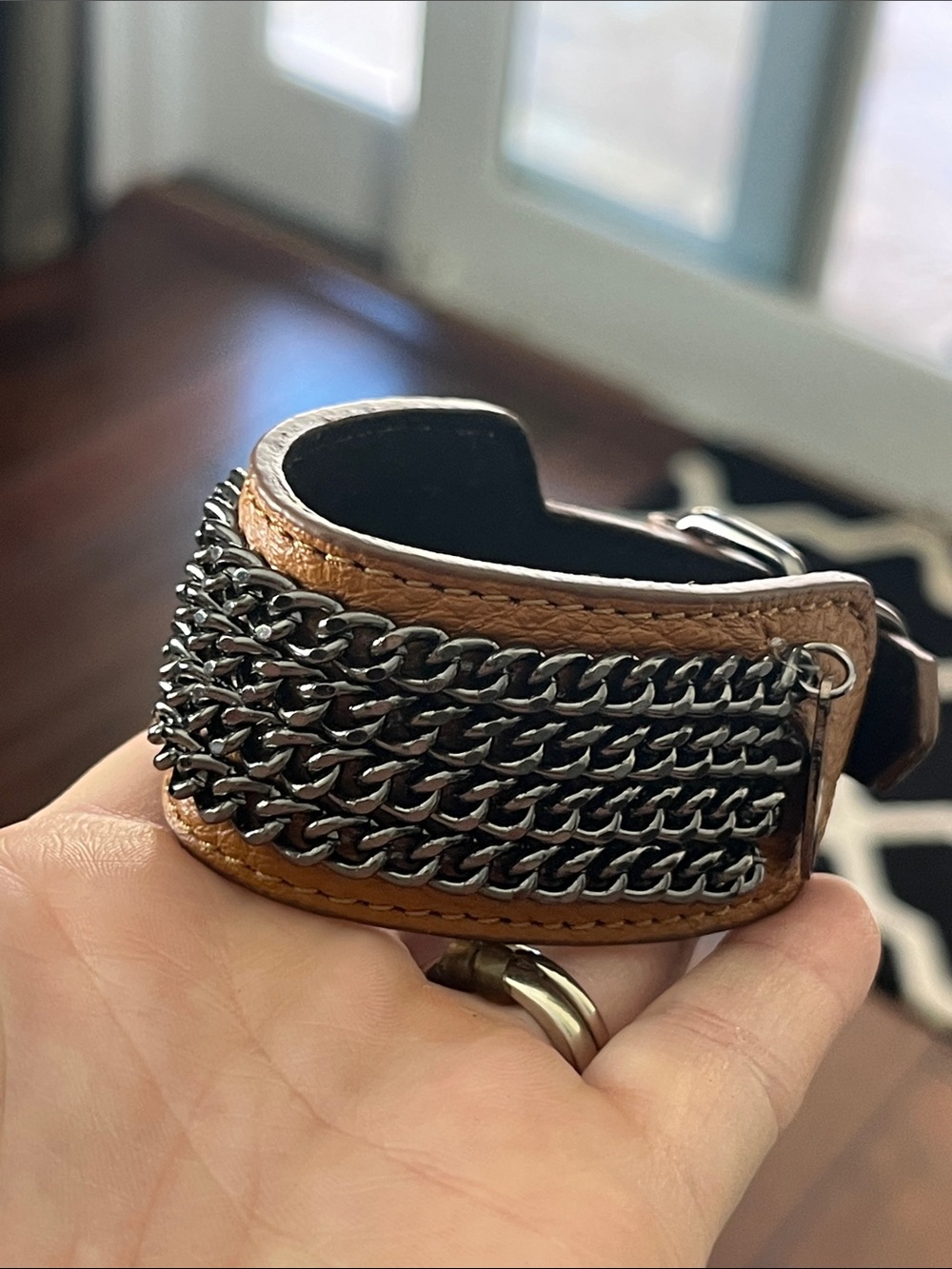 Brown Leather Chain-Accent Bracelet Cuff